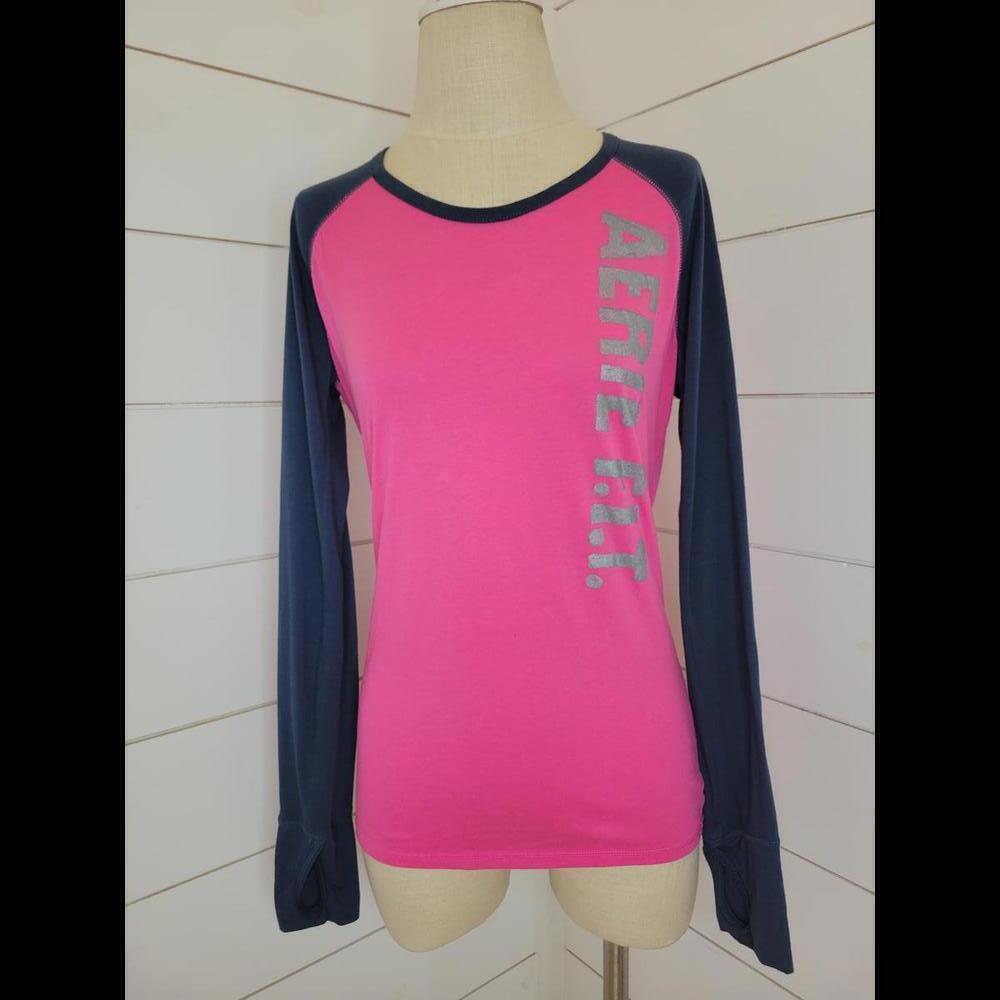 Y2K Aerie large pink and navy blue logo long sleeve tee shirt